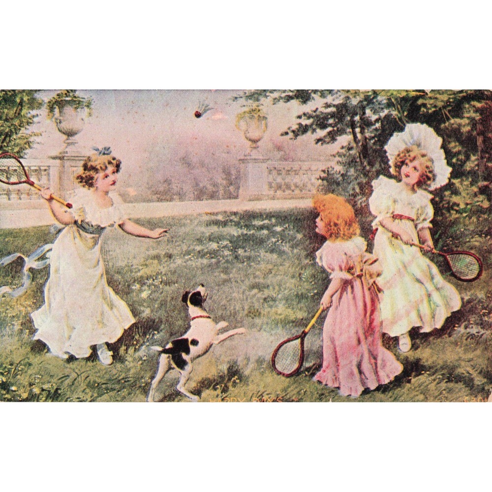 Vintage Postcard Children Playing Badminton with Dog Garden Scene Divided Back - Picture 1 of 2
